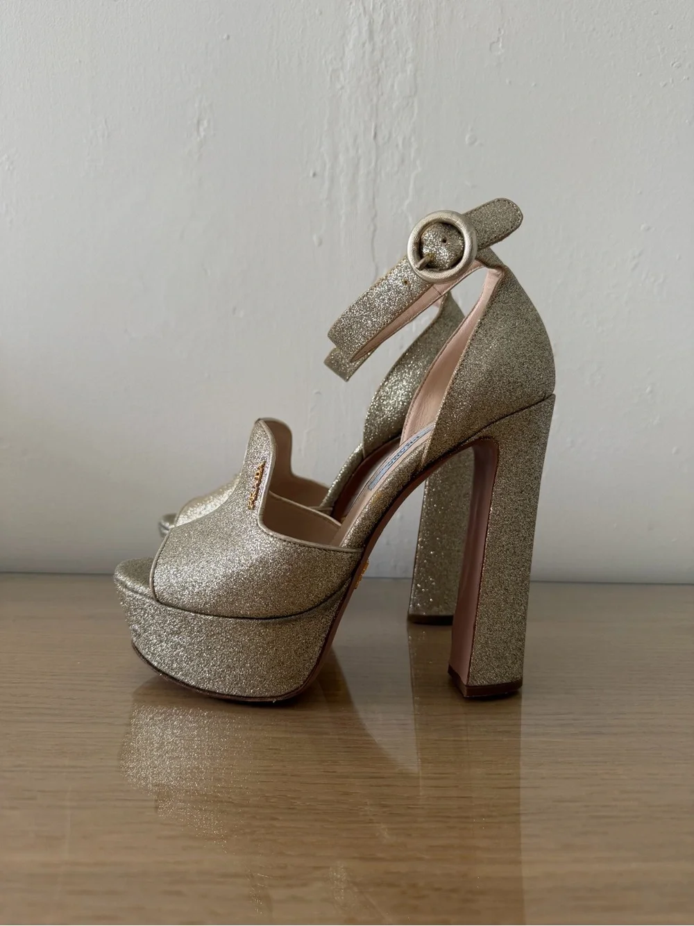 Prada Gold Glitter Platform Ankle-Strap Block Heel Sandals in Size 35